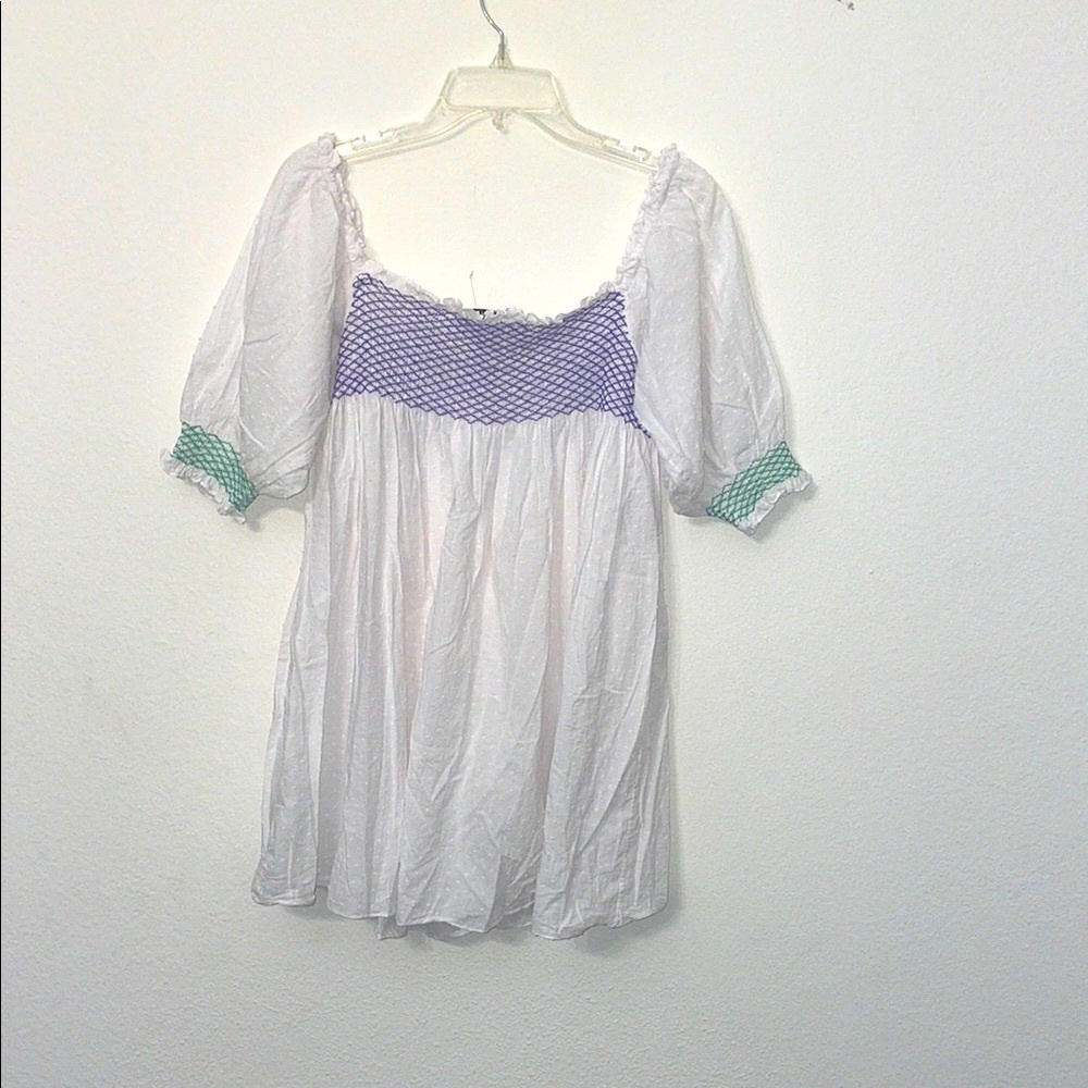 Hill House White and Purple Smocked Over The Shoulders Women's Mini Dress - Picture 5 of 7